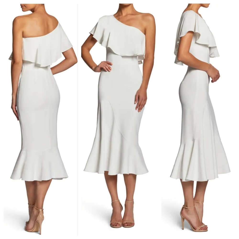 DRESS THE POPULATION Raquel White Ruffle Dress